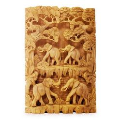 Jungle Romance,'Hand Carved Wood Relief Panel with Elephant Theme'