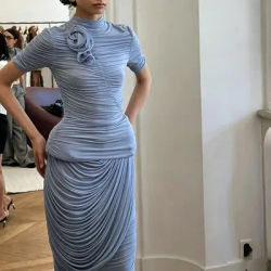 Haut plissé double stéréo pour femme, T-shirt extensible à manches courtes coupe ajustée à motif floral, Pull de haute qualité, 2026, Nouveau, Ensemble, y2k