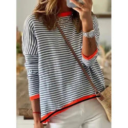 Femmes haut décontracté plaine à manches longues rayé couleur bloquée pull dames décontracté à manches longues femmes pulls haut vêtements