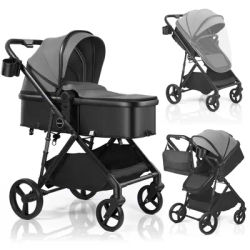 2 in 1 Baby Pushchair, Foldable Travel System Pram with Reversible Seat, Adjustable Canopy, Storage Basket for 0-36 Months