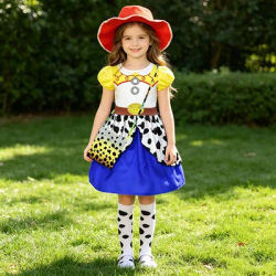 Girls Jessie Cowgirl Costume, Toy Story Inspired Cow Print Dress With Western Belt Detail For Halloween Birthday Party Cosplay