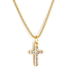 Fashionable Versatile Stainless Steel Diamond-studded Necklace with a Simple Cross Pendant, Unisex Trendy Hip-hop Accessory