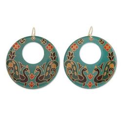 Painted Peacock,'Peacock-Themed Painted Green Brass Dangle Earrings'