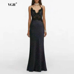 Robe longue vintage VGH noire à pois avec bretelles spaghetti pour femme, col en V, jupe sirène en dentelle transparente pour galas et tapis rouge