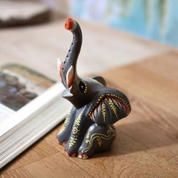 Elephant Bliss,'Wood Figurine Depicting a Grey Elephant with Raised Trunk'