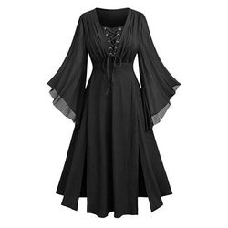 Retrò Vintage Medievale Rinascimento Midi Vestito Lunghe Strega Fata Contadina Allacciato Girocollo Costume Per donna Fantasia Halloween Feste Fiera Rinascimentale LARP Adulti Vestito Primavera