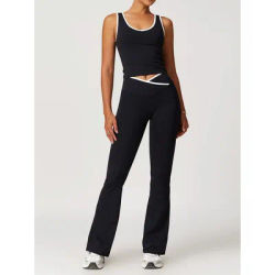 Ensemble de yoga croisé taille haute pour femme, haut dos nu effet seconde peau color block, pantalon évasé effet ventre plat et rehausseur de hanches