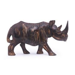 'Nature-Inspired Handmade Brown Sese Wood Rhino Sculpture'