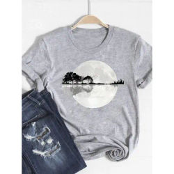 T-shirt imprimé à manches courtes pour femme, haut d'été tendance, motif aquarelle, gris, basique, graphique