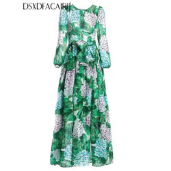 DSXDFACAIRIJ femmes vert feuille fleur imprimé col rond lanterne manches à lacets Maxi robe plage Style mousseline de soie été mode femme