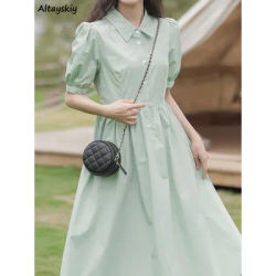 Robe mi-longue à manches bouffantes vert clair pour femmes, style Mori Girl, Harajuku doux, tempérament Preppy, vintage, vacances décontractées, chic, été