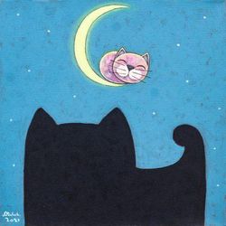 Good Night,'Acrylic on Canvas Cats and Moon Naif Painting from Thailand'