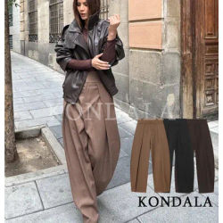 KONDALA Commute High Street Balloon Pants Women Trendy Casual Pleated Trousers 2026 Spring Summer Office Lady Vintage Long Pants