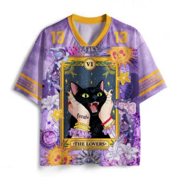 Tarot du couple Chat Noir N° 13 Jersey avec imprimé mystérieux soleil et lune, t-shirt en maille violette à col en V pour adultes et enfants