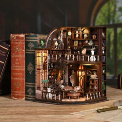 Vintage Book Nook Kit DIY Miniature Bookshelf Insert with LED Light 3D Wooden Puzzle Dollhouse of Furniture Decor Creative Gifts