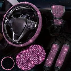 Set di accessori per auto scintillanti per donna, 8 pezzi di decorazioni per interni auto con strass: coprivolante scintillante da 15 pollici, copricinture di sicurezza in cristallo, coprileva del