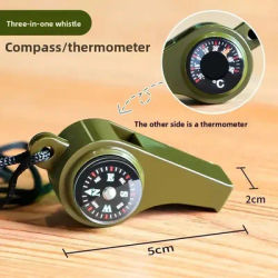 Army Green 3-in-1 Camping Hiking Emergency Survival Whistle with Compass Thermometer Outdoor Camping Tools