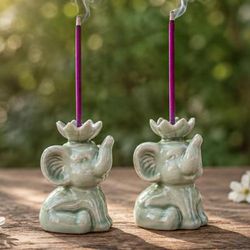 Tranquil Trunks,'Pale Green Celadon Ceramic Elephant Incense Holder Pair'