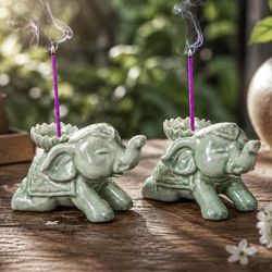 'Whimsical Green Elephant-Themed Ceramic Incense Holder Pair'