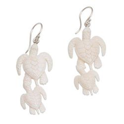 Sea Turtle Bond,'Handcrafted Bone Sea Turtle Dangle Earrings from Bali'