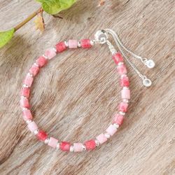 'Pink Quartz Beaded Bracelet with Silver-Plated Glass Charms'