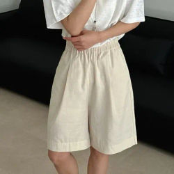 Shorts décontractés en lin et coton pour femme, taille haute élastique, coupe large, blanc, pour l'été
