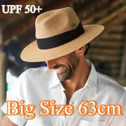 Grand Chapeau de Paille Panama Jazz XL 63cm pour Voyage, Chapeau de Soleil d'Été pour Femmes et Hommes, Chapeau de Plage Fedora à Large Bord Anti-UV UPF 50+