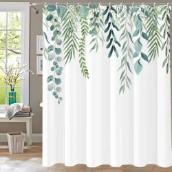 Bathroom Fabric Shower Curtain Waterproof Green Washable Watercolor Leaf Top Plant Bathroom Shower Curtain with Flowers