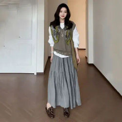 Jupe longue vintage décontractée taille haute évasée à volants pour femme