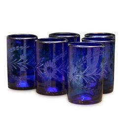 'Blue Blossoms' (set of 6) - Handblown Glass Recycled Tumbler Drinkware