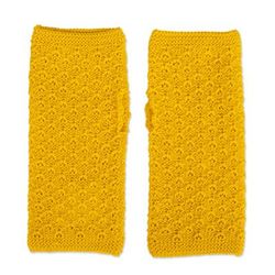 'Artisan-Made Knit Gold Yellow Baby Alpaca Fingerless Mitts'