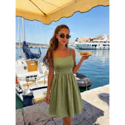 Robe d'été fluide pour femme, vert sauge, à fines bretelles, col carré, dos nu à nouer, style plage