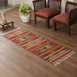 'Colorful Geometric Hand-Woven Fringed 2x6 Cotton Dhurrie Rug'