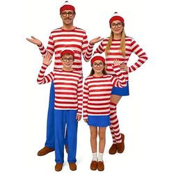 Cerca e trova Personaggio nascosto Costume a righe rosse e bianche T-shirt Personaggio classico delle fiabe Cosplay for Unisex Bambini Adulti Halloween Carnevale Feste Performance Palcoscenico