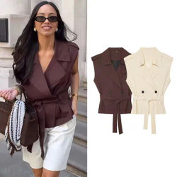 Gilets pour femmes tendance avec ceinture, col rabattu, sans manches, vêtements d'extérieur féminins, hauts chics