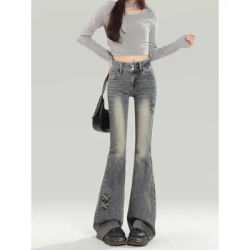 Jean évasé taille haute pour femme, style rétro américain, coupe slim, extensible, en denim bootcut