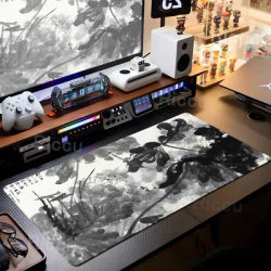 Tapis de souris XXL Paysage Peint à l'Encre Lotus, Tapis de jeu et de bureau en caoutchouc naturel souple, Accessoire de bureau