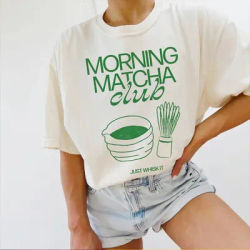 Morning Matcha Club impression unisexe graphique t-shirts 2026 été à manches courtes en vrac couverture en coton col rond casual Simple t-shirts