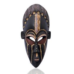 'Hand-Painted Sese Wood African Mask with Golden Brushstrokes'