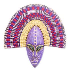 Uhie,'African Wood and Raffia Fiber Wall Mask in Purple Shades'