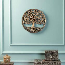 Thriving Victory,'Handcrafted Round Golden Tree of Life Wood Relief Panel'