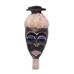 'Hand-Carved African Wood Wall Mask with Ceramic Accents'