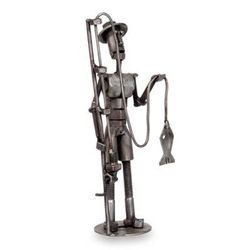 'Rustic Fisherman with Catch-Themed Recycled Metal Sculpture'