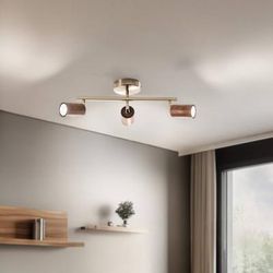 Faretto da soffitto Legno, lineare, a 3 luci, marrone / ottone, legno Legno Lucea, dimmerabile, Ottone / Oro, Soggiorno / Sala da pranzo, Metallo, Faretto