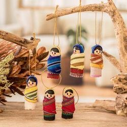 Happy Gathering,'Handcrafted Worry Doll Wood and Cotton Ornaments (Set of 6)'