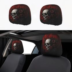 2/4 pezzi copri poggiatesta per auto con teschio gotico e rose rosse, protezione per cuscino sedile auto in stile horror, copri poggiatesta elasticizzati universali per SUV, berlina, camion,