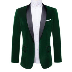 Blazer de smoking vert foncé en velours pour homme, col châle, bouton unique, veste de costume formel, col satiné, pour mariage, bal de promo, soirée
