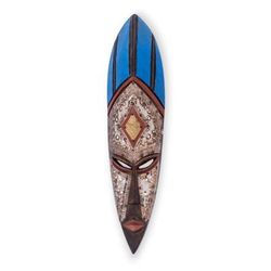 Sapphire Nyame,'Aluminum and Sese Wood African Wall Mask in Blue Shades'