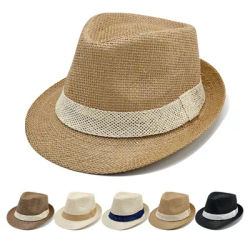 Nouveau chapeau de jazz tissé à rayures, couleur unie, large bord, chapeau de plage respirant, protection solaire, chapeau pare-soleil pour hommes et femmes