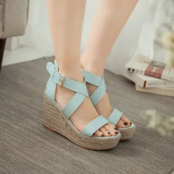 Bleu rose blanc sangle croisée bout ouvert plate-forme chaussures d'été Espadrilles couverture talon plate-forme compensées talons hauts sandales taille 33